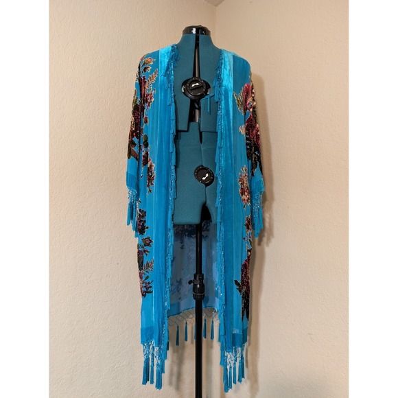 Suzanne Somers Collection Sweaters - Suzanne Somers Burnout Velvet Beaded Floral Kimono Duster Fringe Turquoise OS